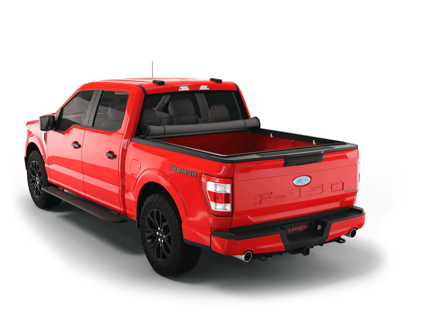 Red Ford F-150 with Sawtooth Stretch expandable soft roll up tonneau cover with ladder and open tailgate